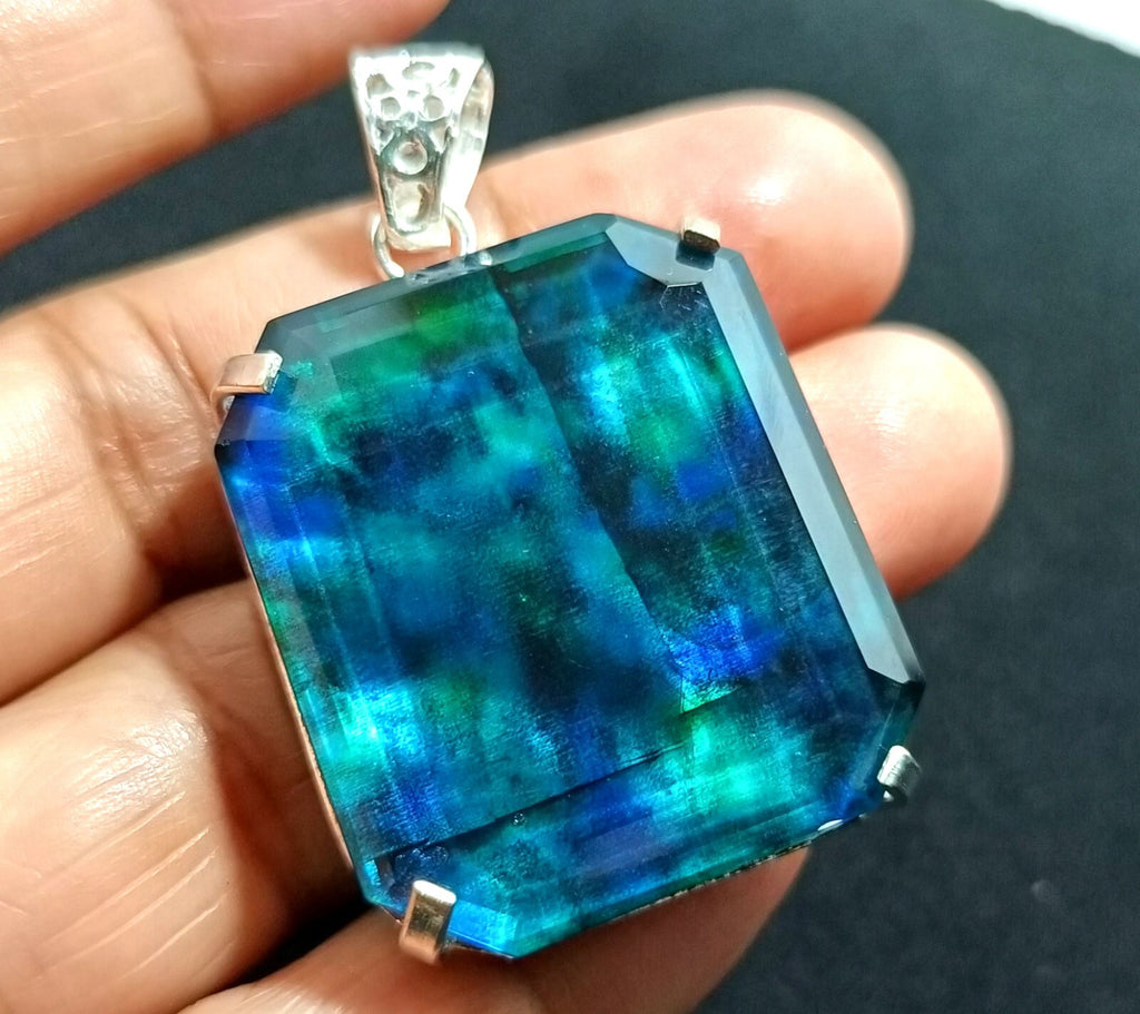 Certified Asscher Cut 95.50Ct Natural Ammolite 925 Solid Silver Pendant Gemstone