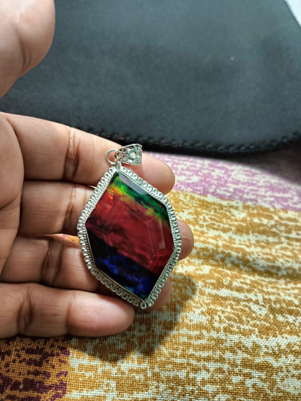 Certified Fancy Cut 98.15 Ct Natural Ammolite 925 Solid Silver Pendant Gemstone