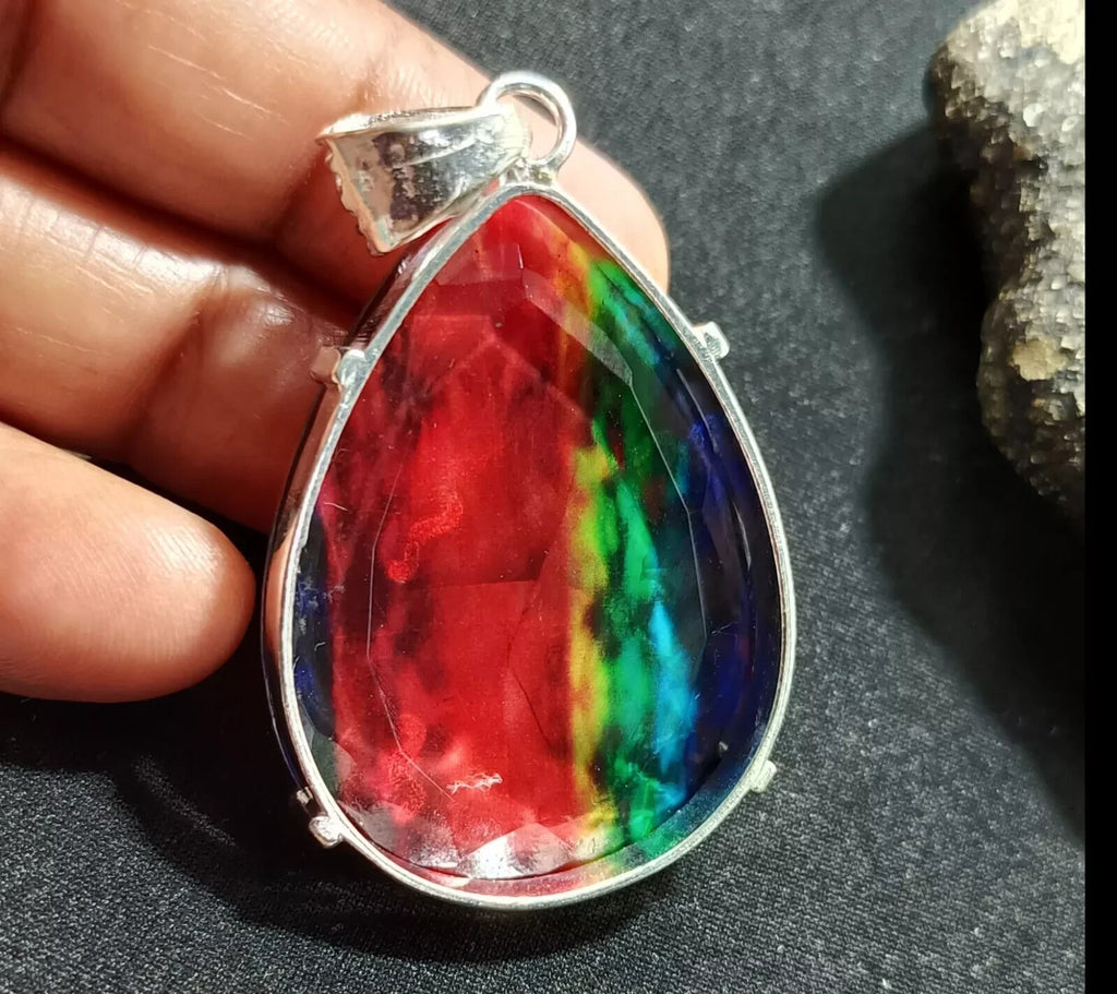 86.50 Ct Natural Ammolite 925 Solid Silver PENDANT MultiColor Certified Gemstone