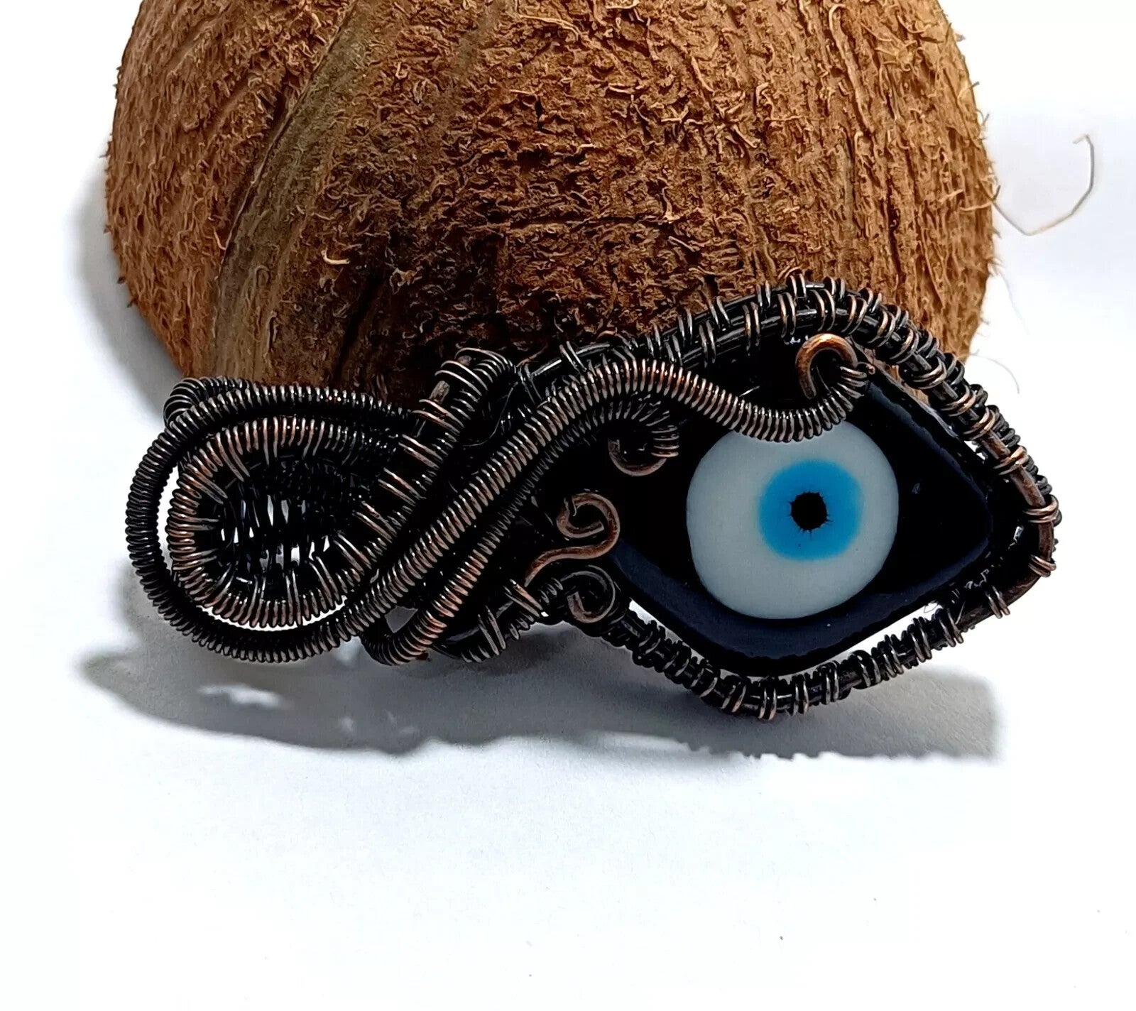 122.5 CT Black Color Evil Eye Gemstone Wire Wrapped Sister Pendant Copper 3.23'