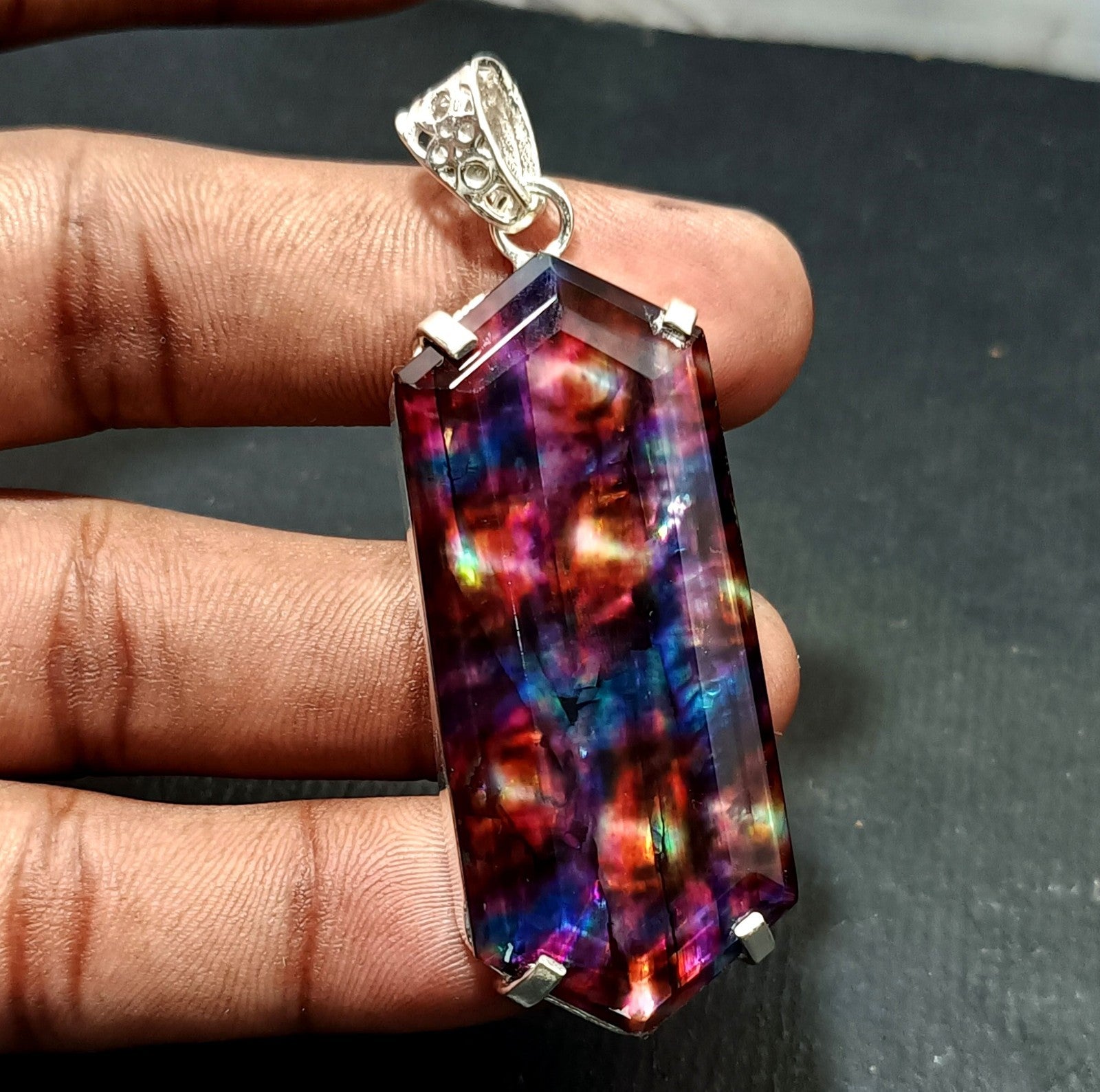 Certified 75.80 Ct Natural Ammolite 925 Solid Silver Rainbow Pendant Gemstone