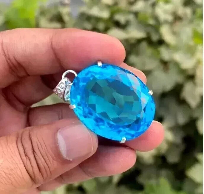 73 Ct+ Certified Natural Blue Oval Topaz 925 Solid Silver Pendant Gemstone