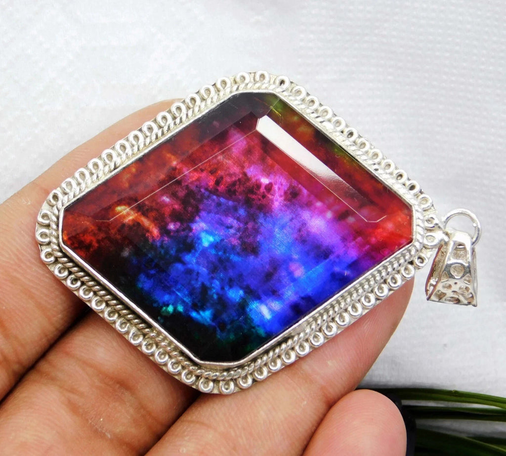 69 Ct Natural Ammolite 925 Solid Silver Fancy Pendant CERTIFIED A+Gemstone