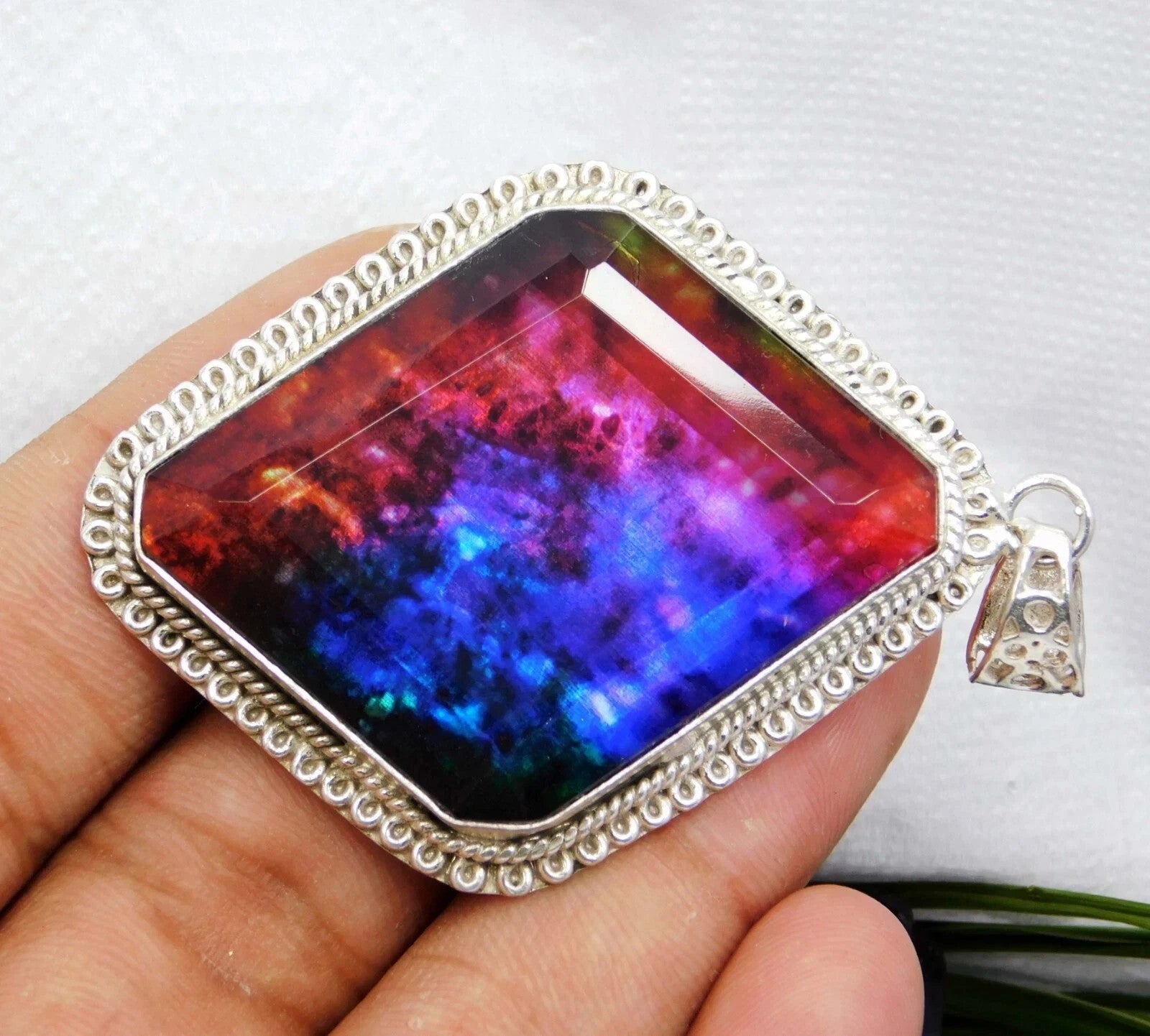 69 Ct Natural Ammolite 925 Solid Silver Fancy Pendant CERTIFIED A+Gemstone