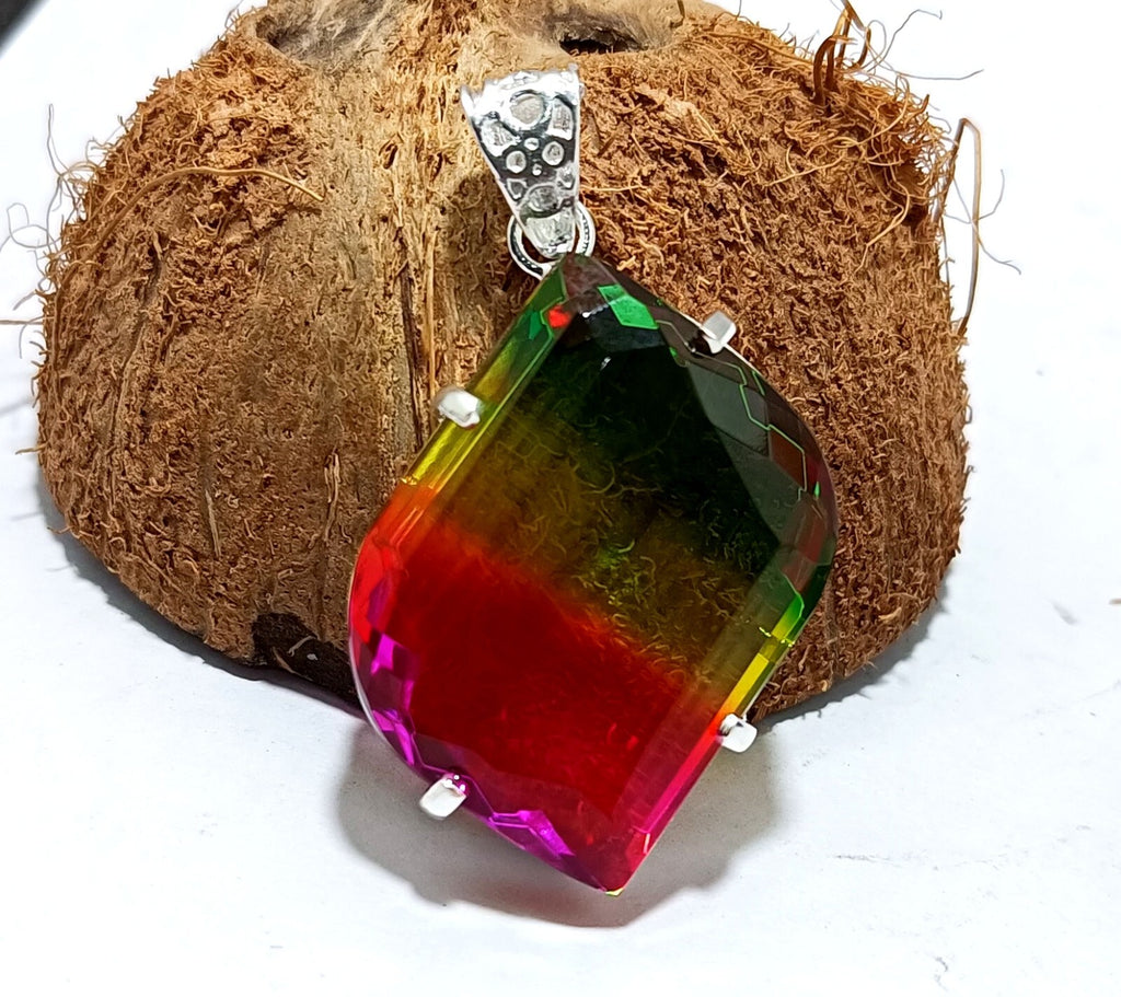 Bi-color Fancy Cut Certified Tourmaline 85 Ct+ Silver Pendant Gemstone