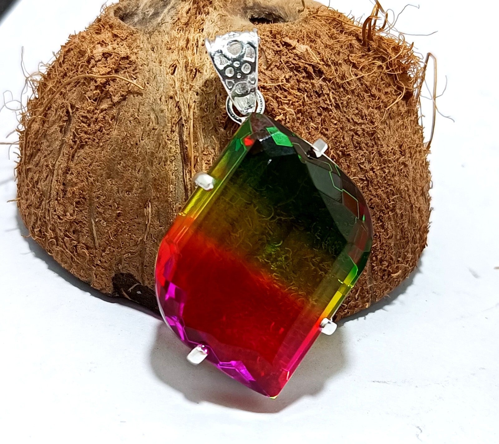 Bi-color Fancy Cut Certified Tourmaline 85 Ct+ Silver Pendant Gemstone