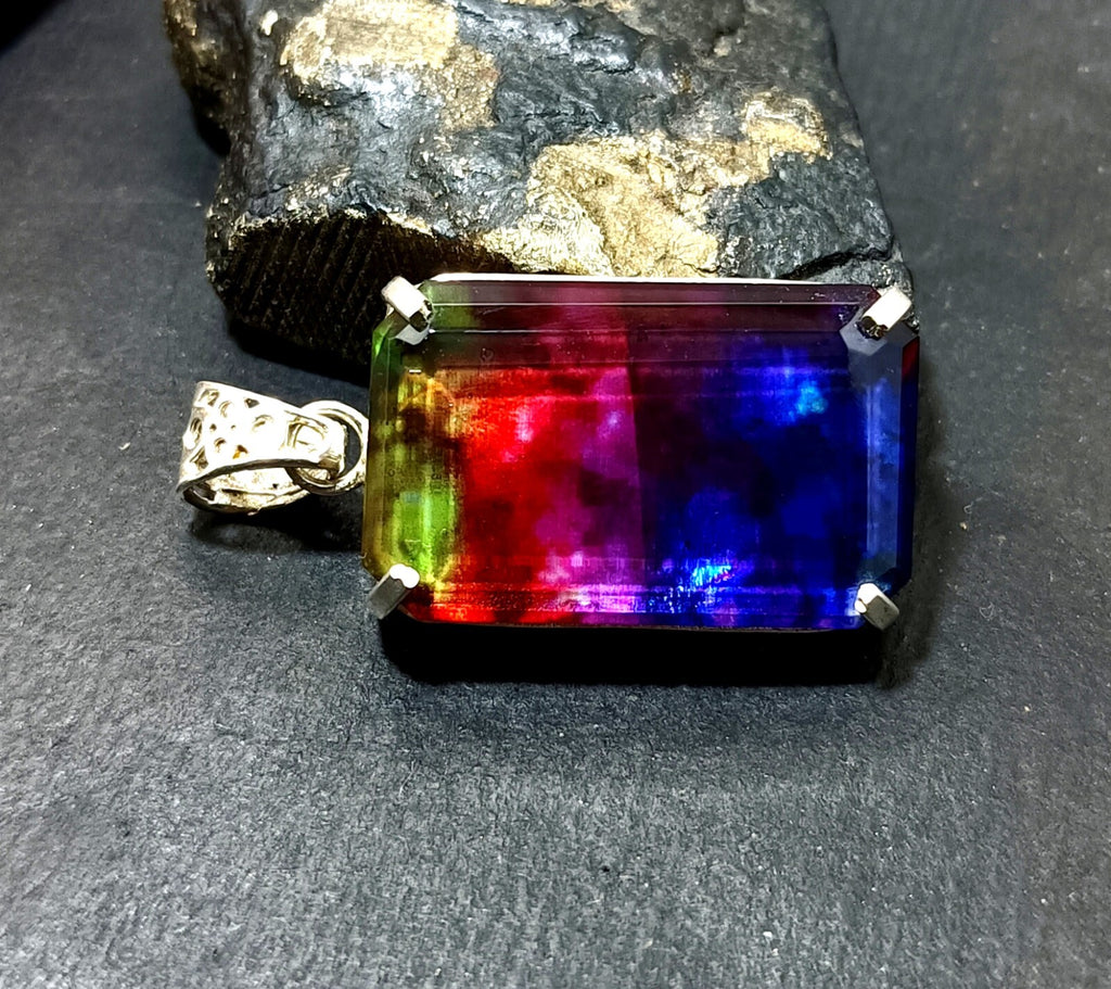 Certified 61.40Ct Natural Ammolite 925 Silver Emerald Cut Pendant Loose Gemstone