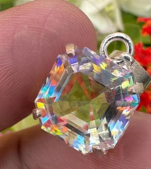 25.82 Ct Mystic Quartz Pendant – Certified Asscher Cut Rainbow Gem in 925 Silver