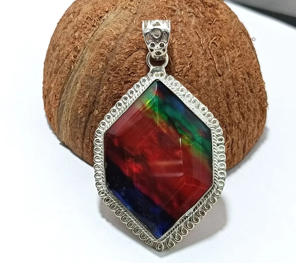 Certified 87.85 Ct Natural Ammolite 925 Solid Silver Fancy Cut Pendant Gemstone