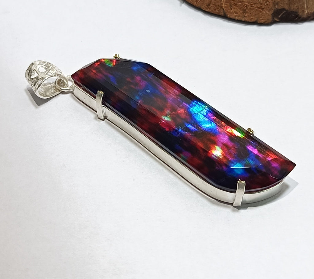 Certified Fancy Cut 80.70 Ct Natural Ammolite  Solid Silver Pendant Gemstone