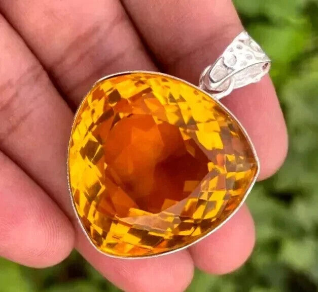 101.90 Ct Natural Yellow Citrine Trillion in Solid Silver Pendant Gemstone