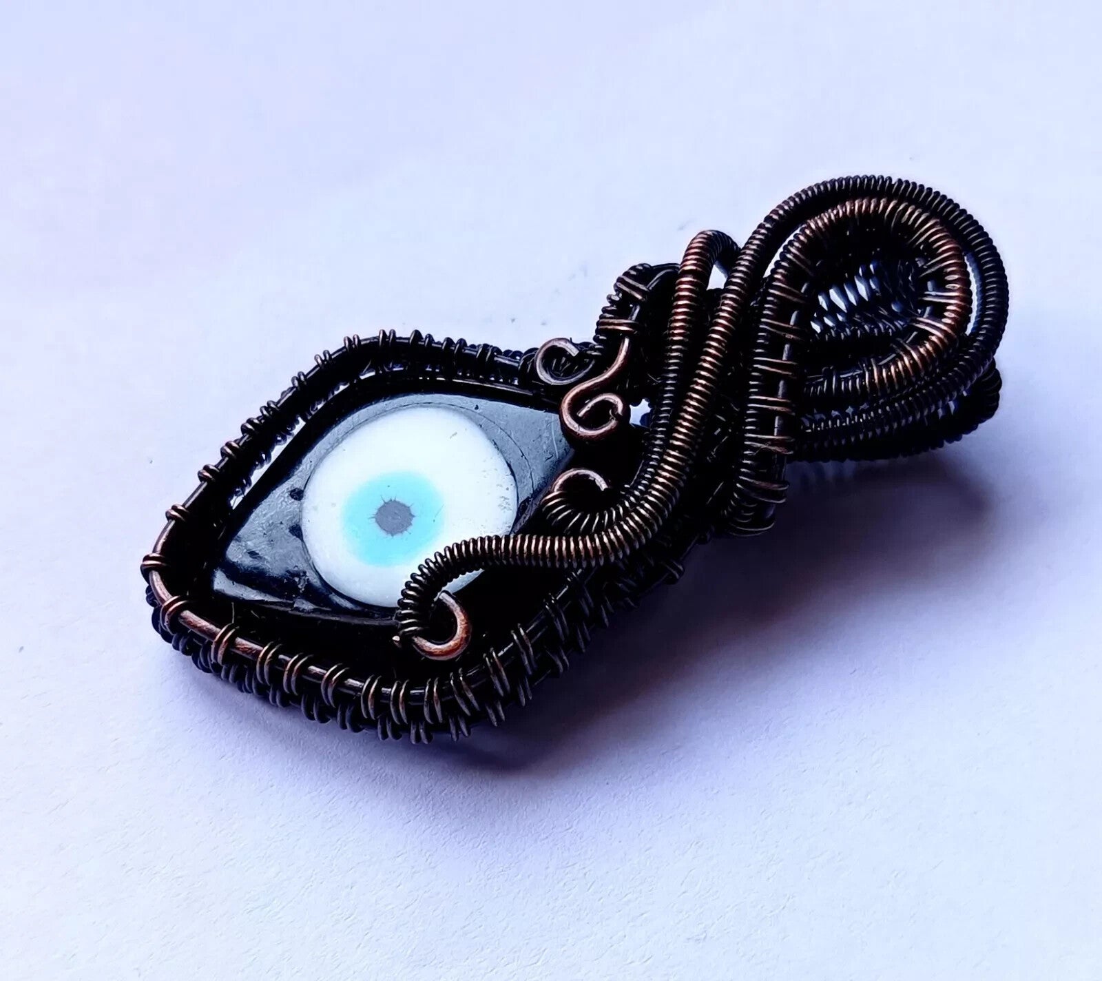 122.5 CT Black Color Evil Eye Gemstone Wire Wrapped Sister Pendant Copper 3.23'