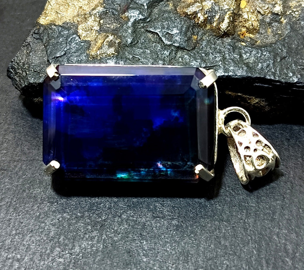 Certified 57.70Ct Natural Ammolite 925 Silver Emerald Cut Pendant Loose Gemstone