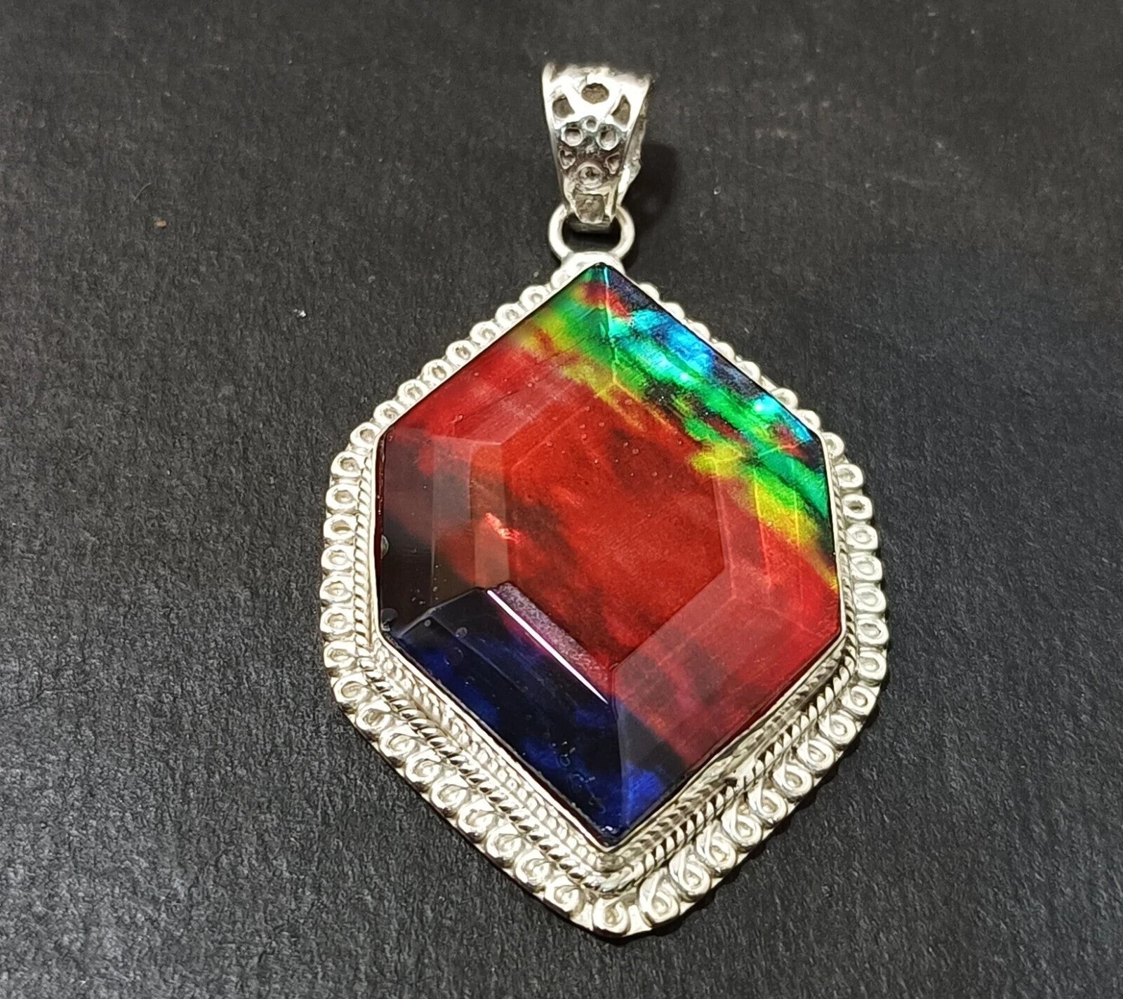 Certified 87.85 Ct Natural Ammolite 925 Solid Silver Fancy Cut Pendant Gemstone
