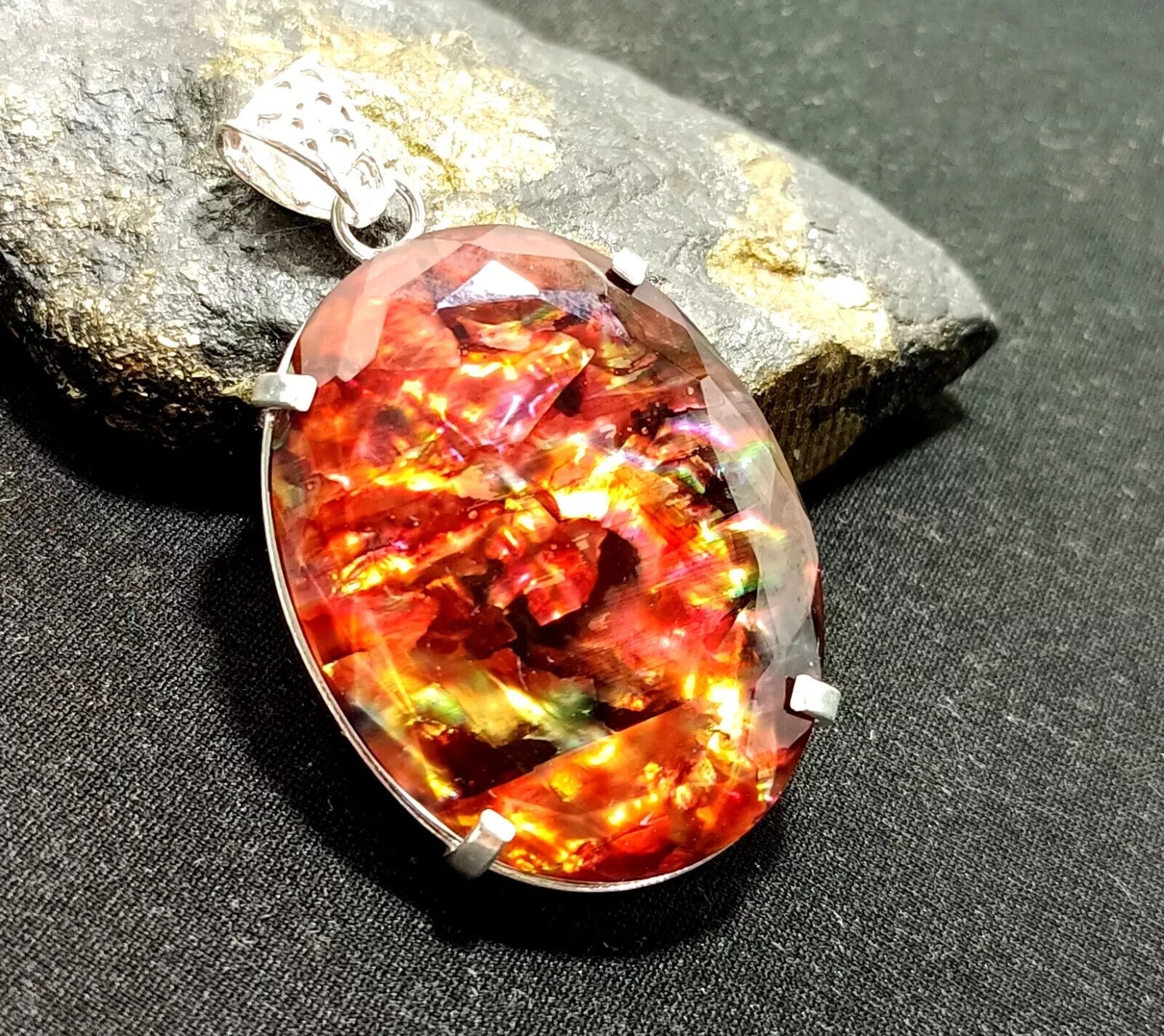 88.10 Ct Natural Ammolite 925 Solid Silver PENDANT MultiColor Certified Gemstone