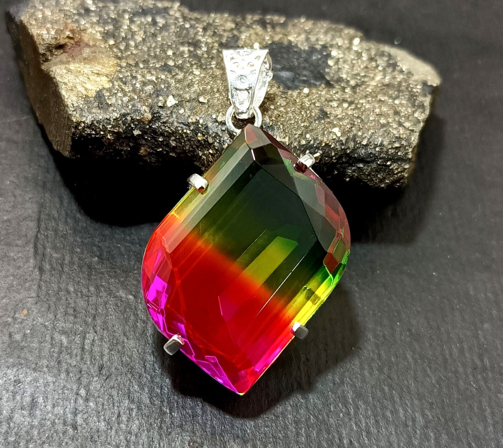 Bi-color Fancy Cut Certified Tourmaline 85 Ct+ Silver Pendant Gemstone