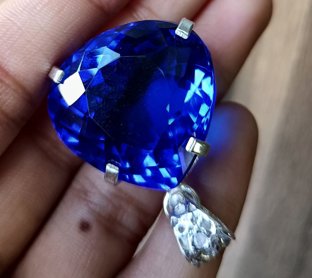 Blue Little Heart Topaz Certified Natural 77.15 Ct 925 Sliver Pendant Gemstone