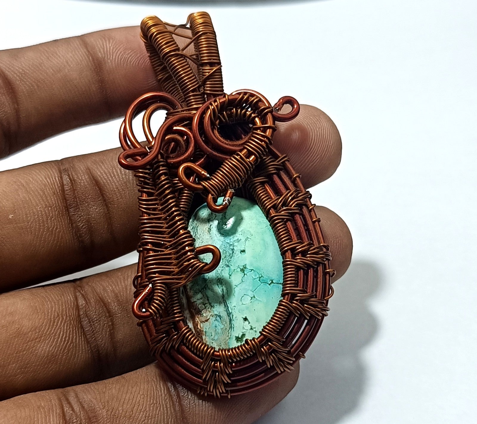 72.25 Ct GIE Certified Green Amazonite Gemstone Copper Wire Handmade  Pendant