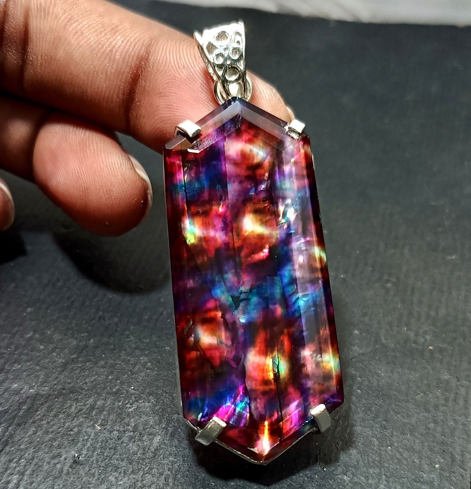 Certified 75.80 Ct Natural Ammolite 925 Solid Silver Rainbow Pendant Gemstone