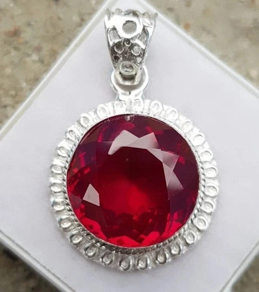 20 Ct Natural Ruby Round Pendant Necklace in Silver Handmade Jewelry