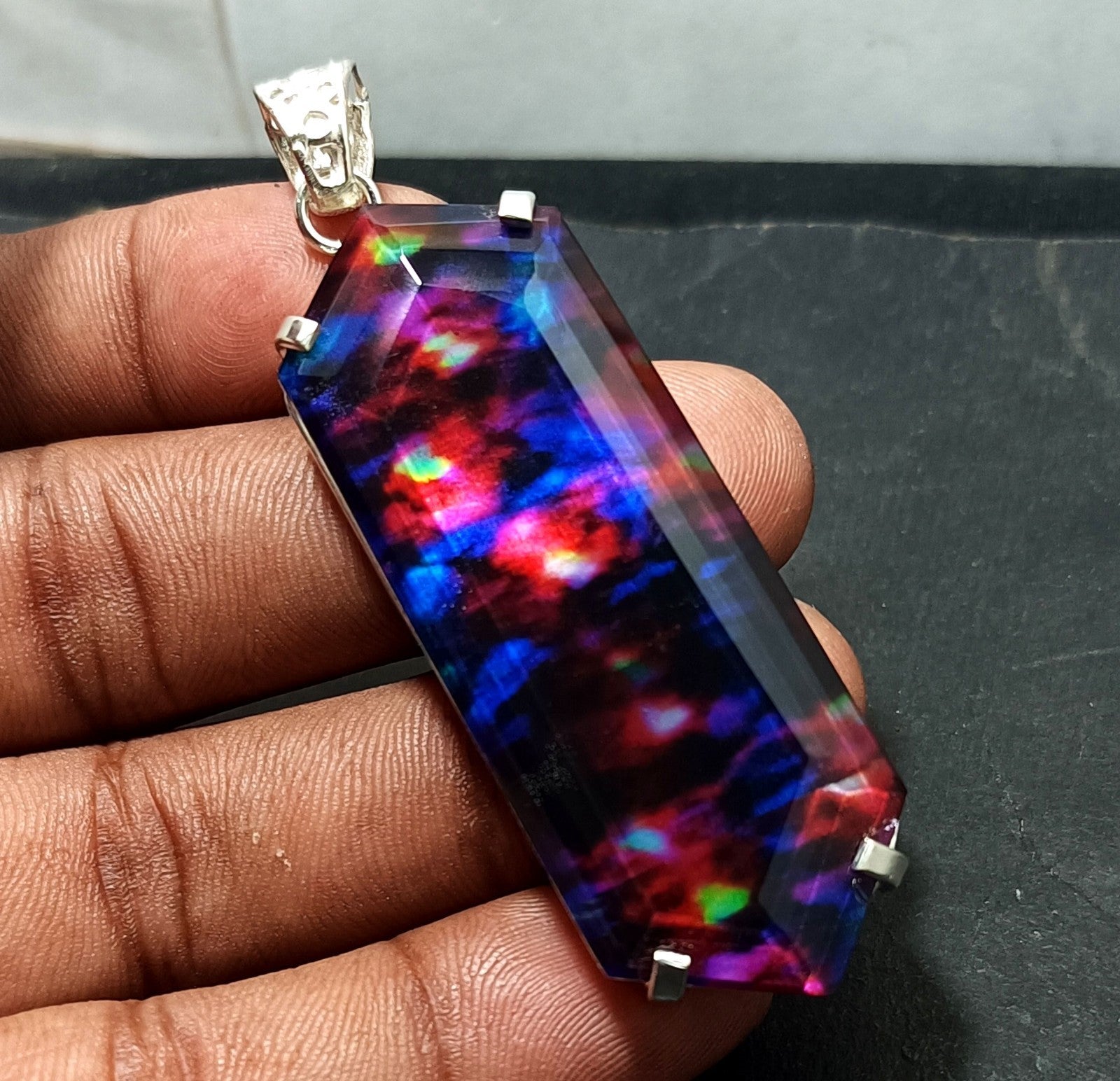 Certified Fancy Cut  96.95 Ct Natural Ammolite  Solid Silver Pendant Gemstone