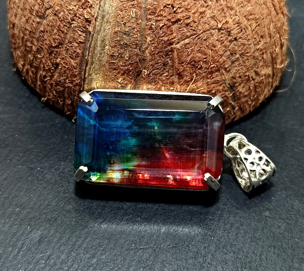 Certified 65.05Ct Natural Ammolite 925 Silver Emerald Cut Pendant Loose Gemstone