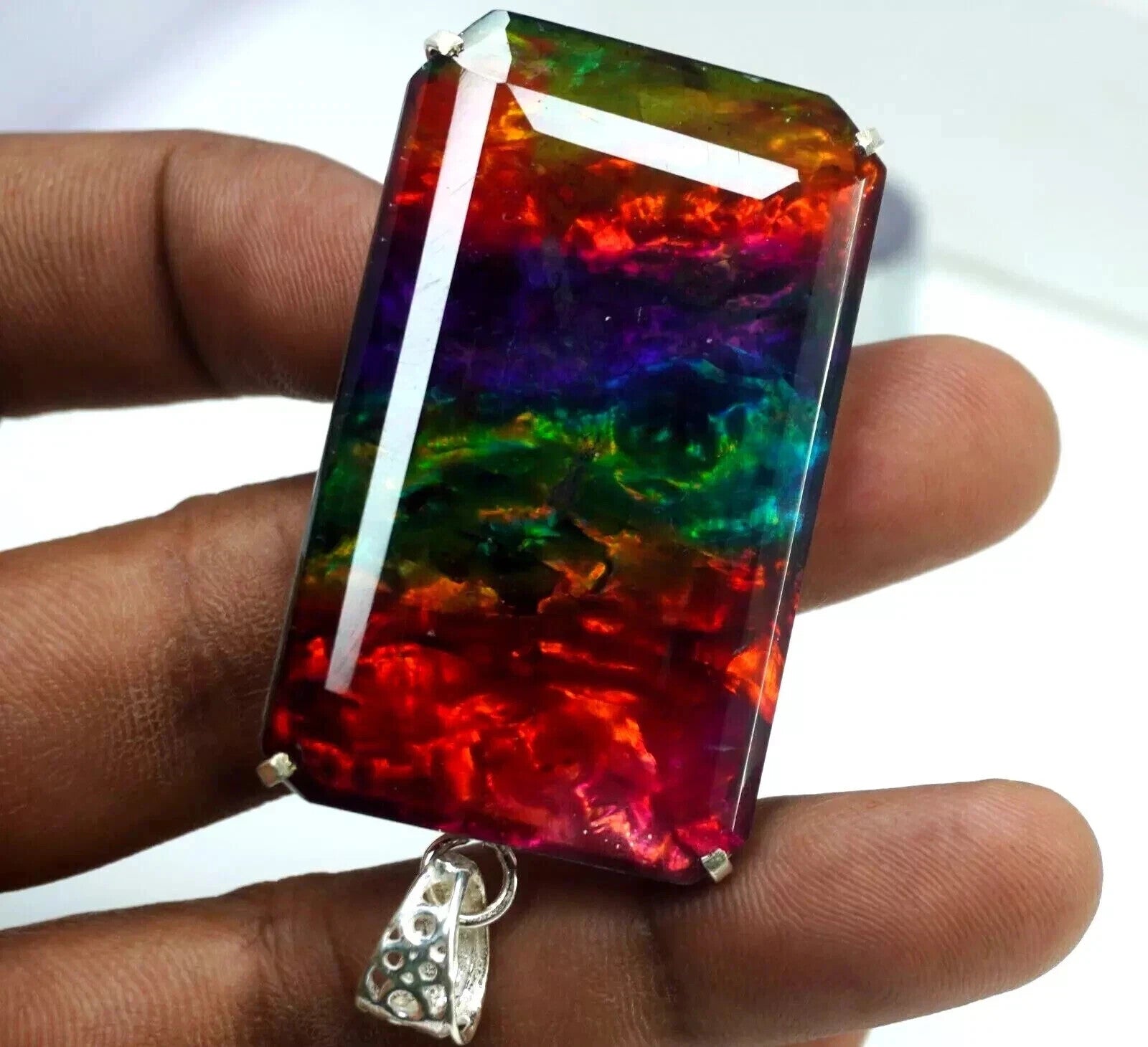 Certified 92 Ct Emerald Natural Ammolite Rainbow Solid Silver Pendant Gemstone