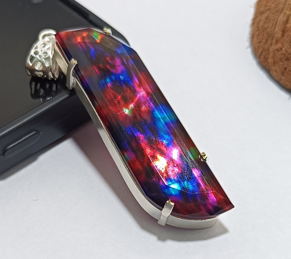 Certified Fancy Cut 80.70 Ct Natural Ammolite  Solid Silver Pendant Gemstone