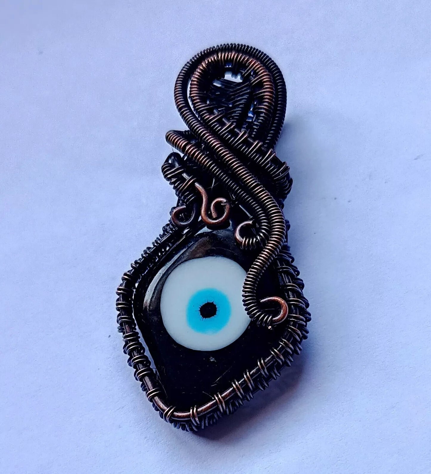 122.5 CT Black Color Evil Eye Gemstone Wire Wrapped Sister Pendant Copper 3.23'