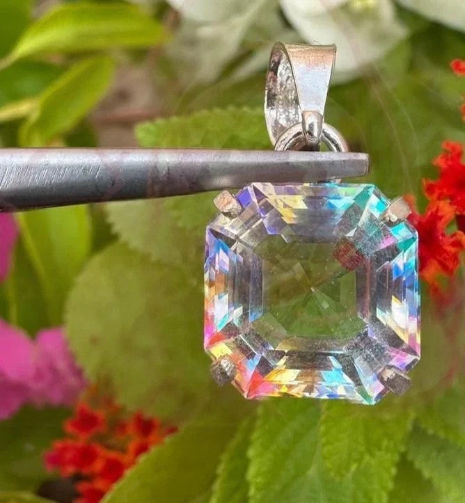 25.82 Ct Mystic Quartz Pendant – Certified Asscher Cut Rainbow Gem in 925 Silver