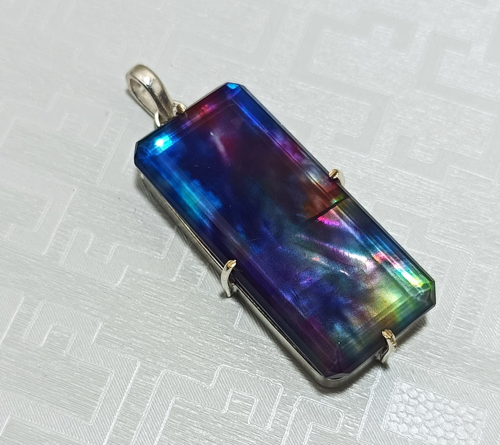 Certified 82.70Ct Natural Ammolite 925 Silver Emerald Cut Pendant Loose Gemstone
