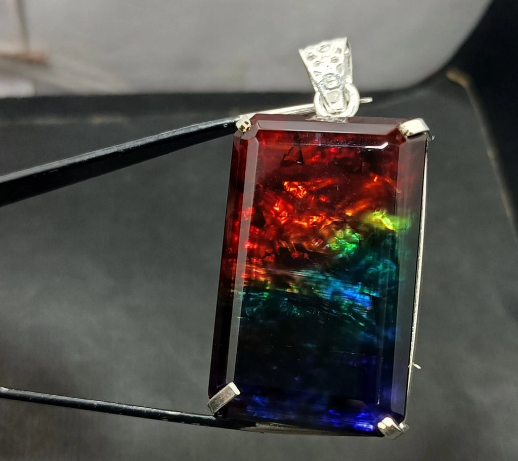 Certified 98.70 Ct Natural Ammolite 925 Solid Silver Rainbow Pendant Gemstone
