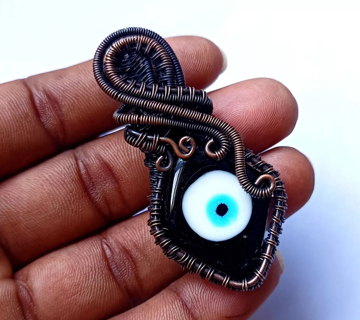 122.5 CT Black Color Evil Eye Gemstone Wire Wrapped Sister Pendant Copper 3.23'