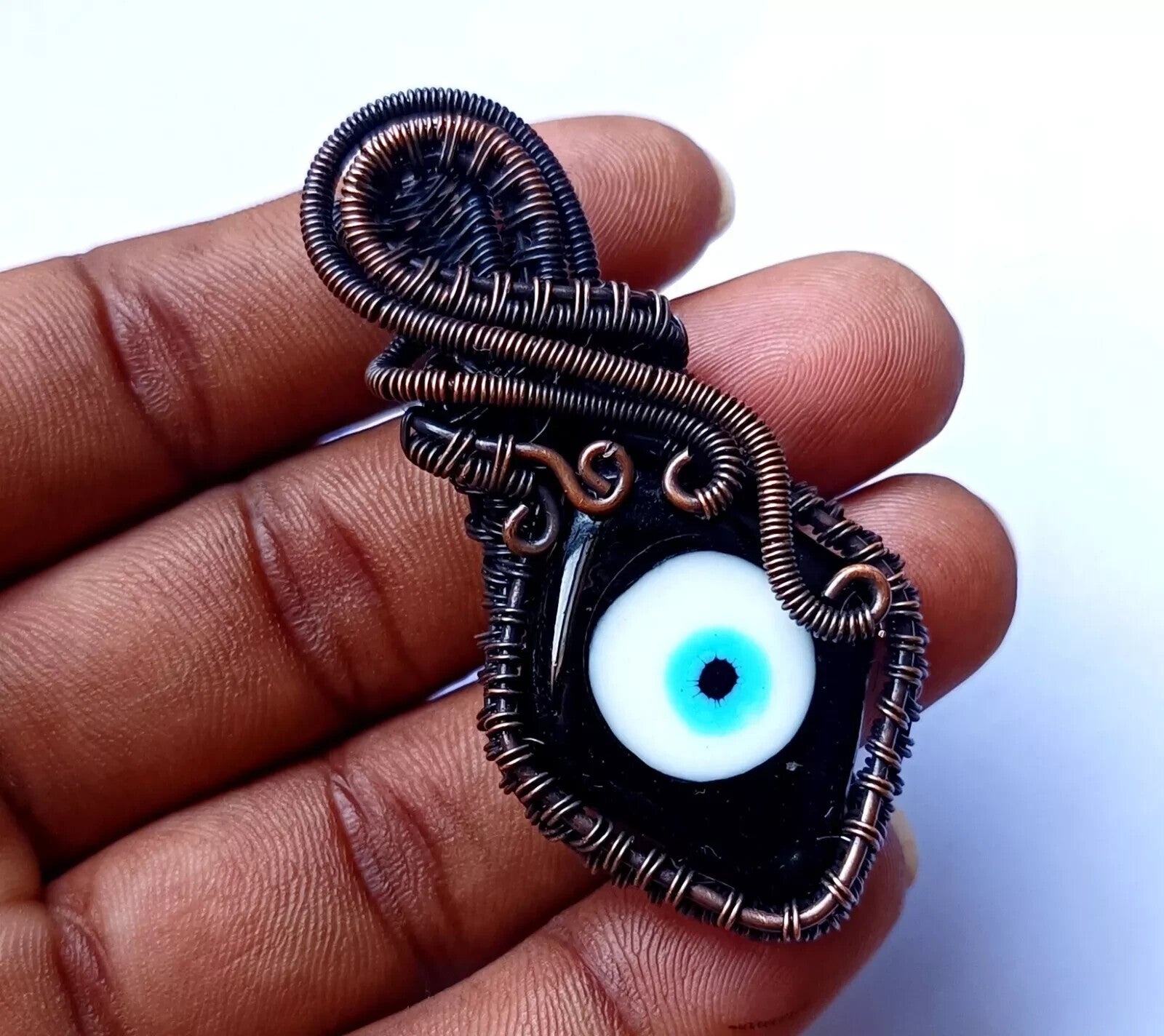 122.5 CT Black Color Evil Eye Gemstone Wire Wrapped Sister Pendant Copper 3.23'