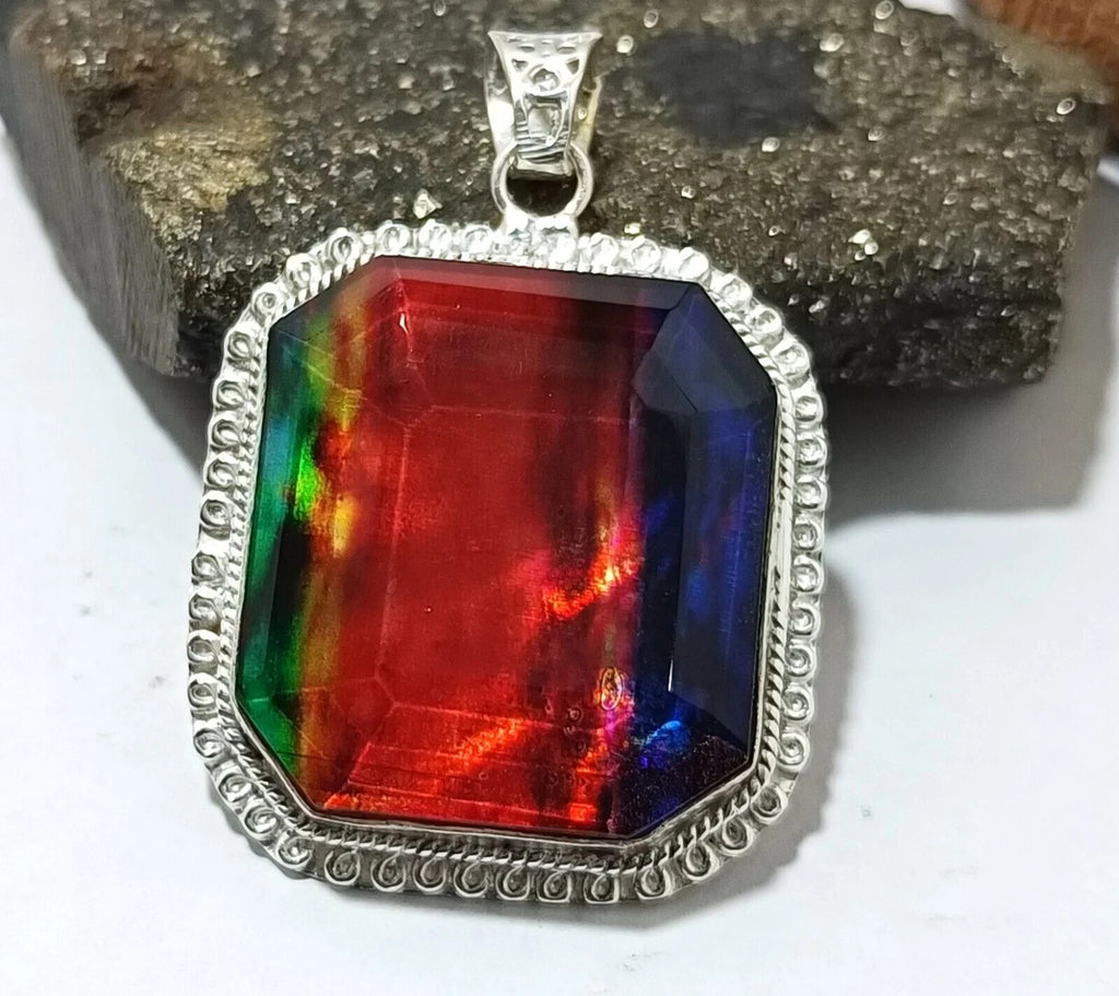 Certified 94.35 Ct Natural Ammolite 925 Solid Silver Rainbow Pendant Gemstone