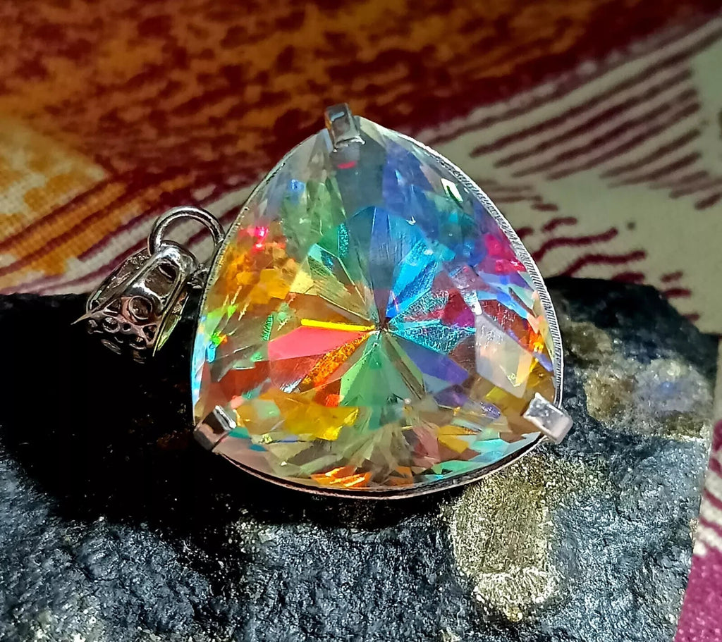 90.60 Ct+ Mystic Topaz Trillion Cut Sterling Silver Rainbow Pendant Gemstone