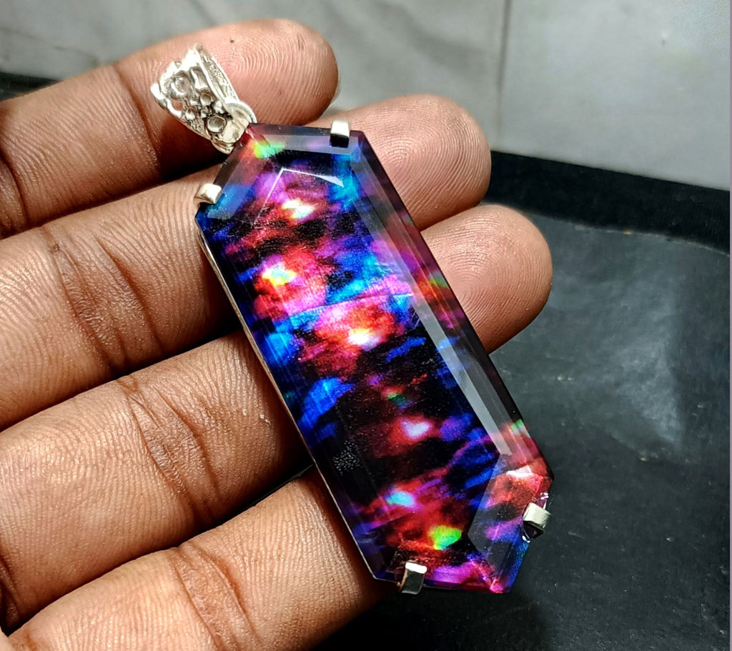 Certified Fancy Cut  96.95 Ct Natural Ammolite  Solid Silver Pendant Gemstone