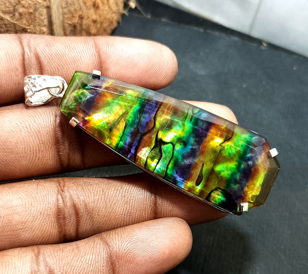 Certified 100.10 Ct Natural Ammolite 925 Solid Silver Rainbow Pendant Gemstone