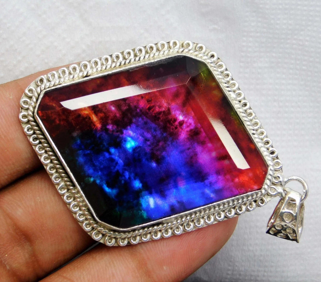 69 Ct Natural Ammolite 925 Solid Silver Fancy Pendant CERTIFIED A+Gemstone