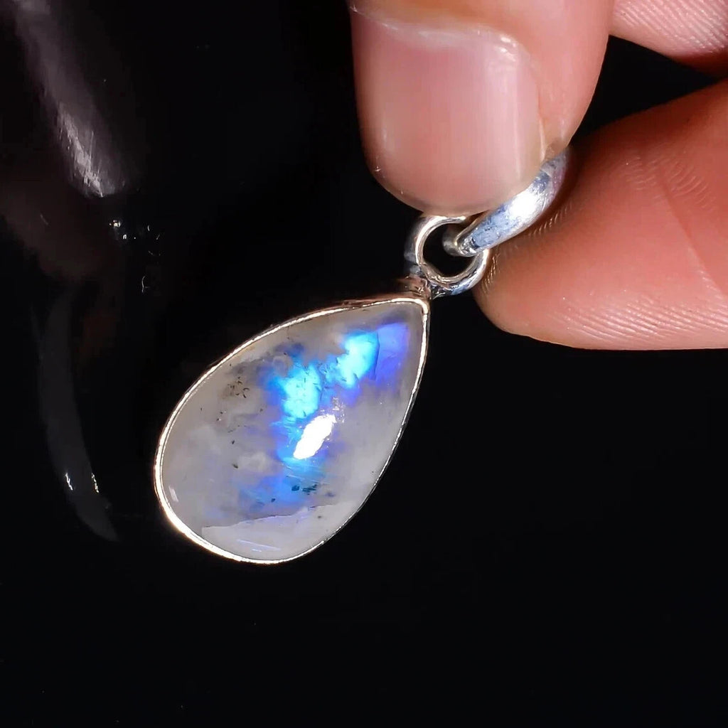 20 Ct Natural Rainbow Moonstone Gemstone 925 Sterling Silver Teardrop Pendant
