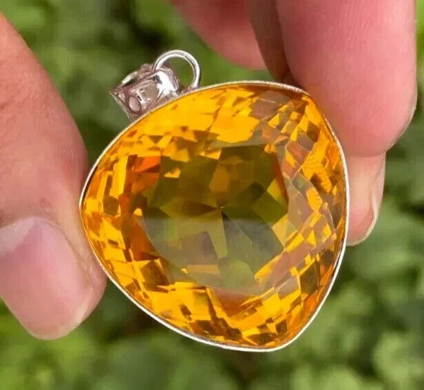 101.90 Ct Natural Yellow Citrine Trillion in Solid Silver Pendant Gemstone