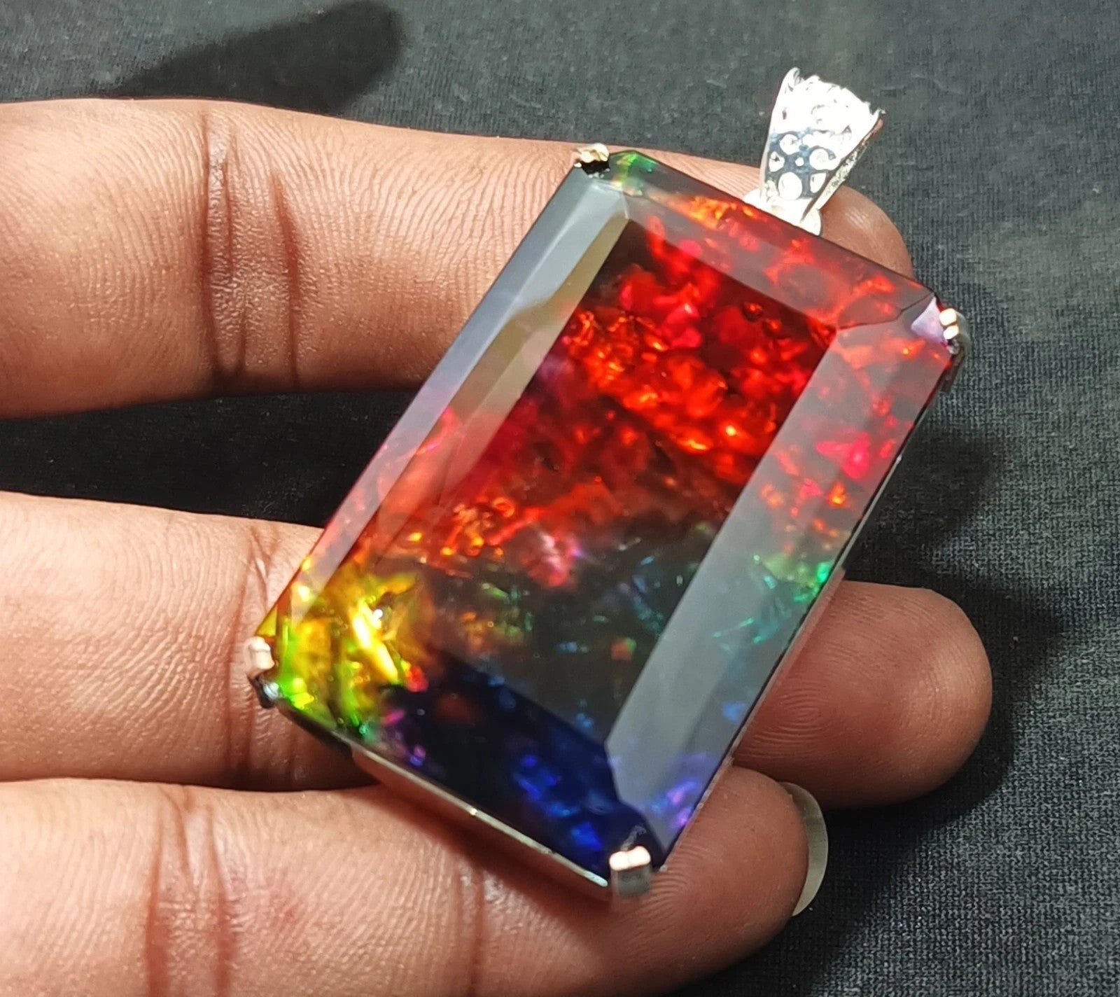 Loose Fancy 103.10 Ct Natural Ammolite 925 Solid Silver Rainbow PENDANT Gemstone