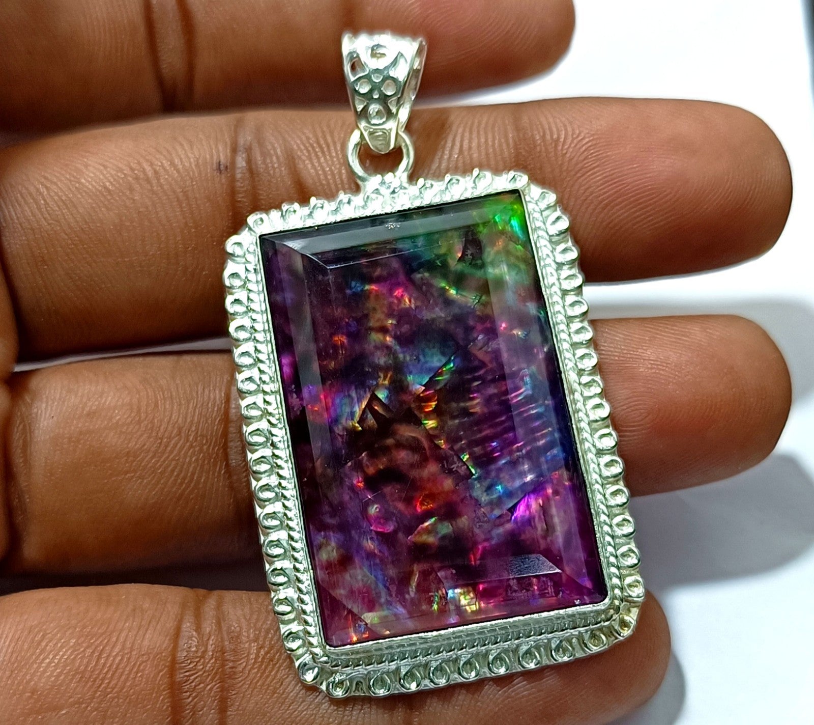 95.90 Ct Natural Ammolite 925 Solid Silver Rainbow PENDANT Certified Gemstone