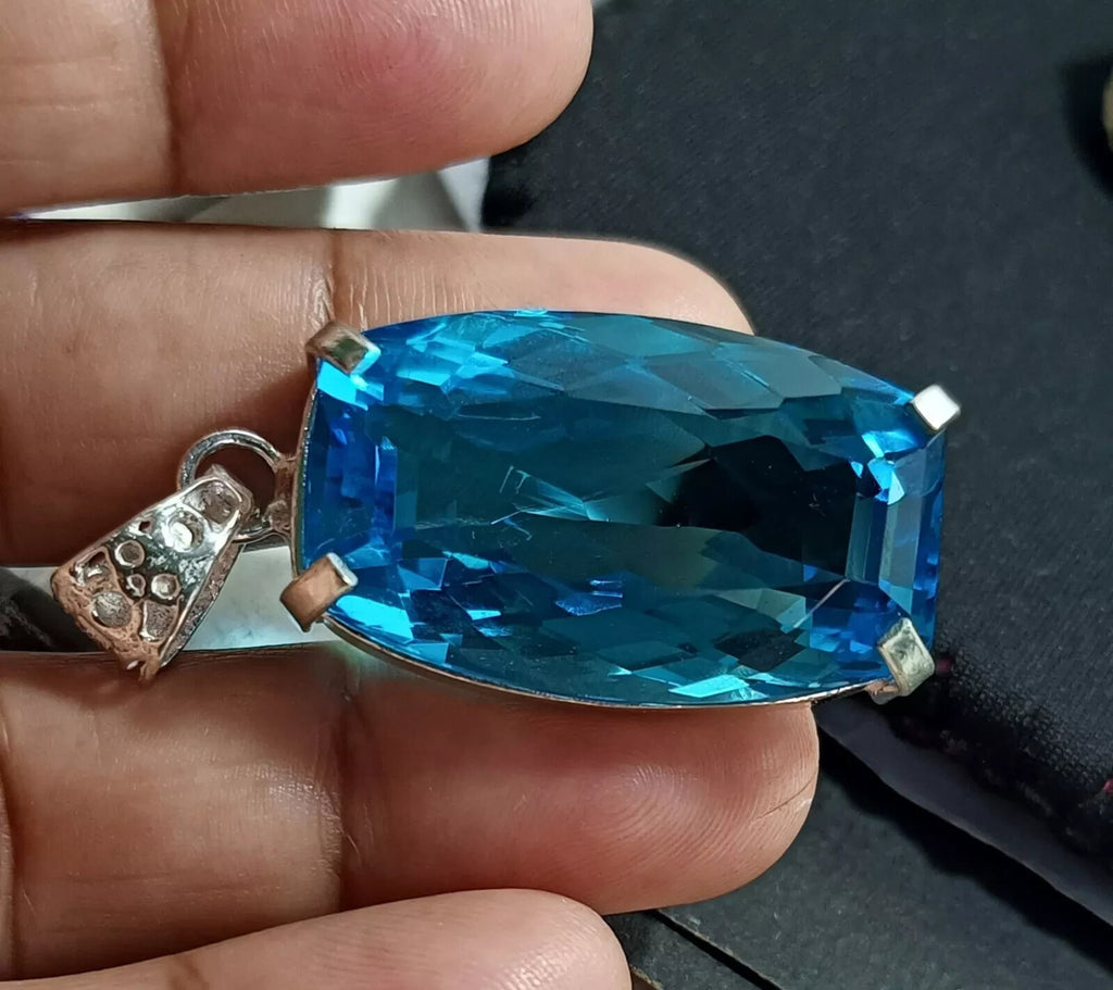 69.75 Ct Certified Lab-Created Blue Topaz 925 Solid Silver Pendant Gemstone