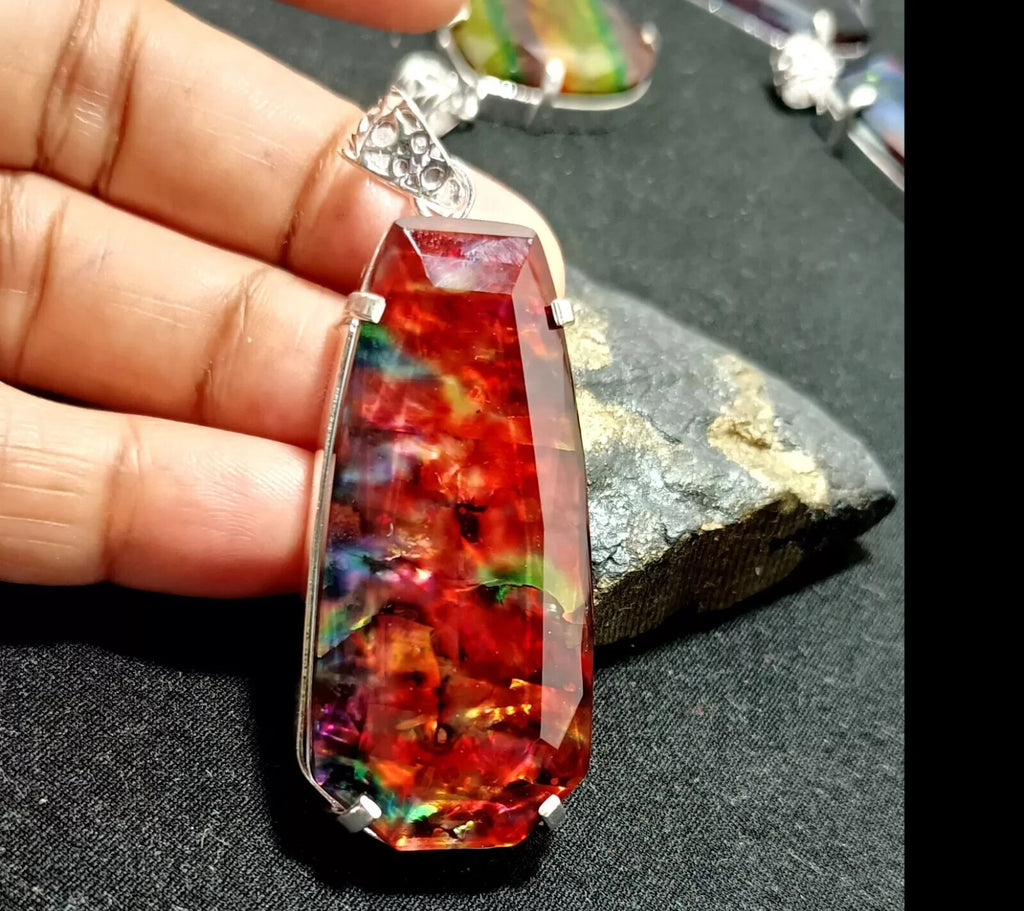 Certified 92.50 Ct Natural Ammolite 925 Solid Silver Rainbow Pendant Gemstone
