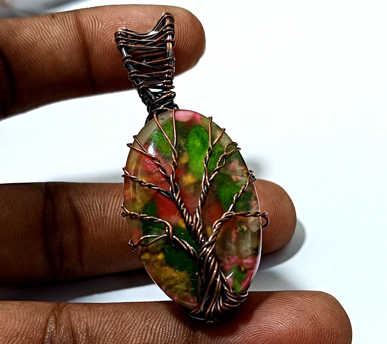 51.70 ct Spiny Oyster Watermelon Turquoise Copper wire Wrapped Jewelry Pendant
