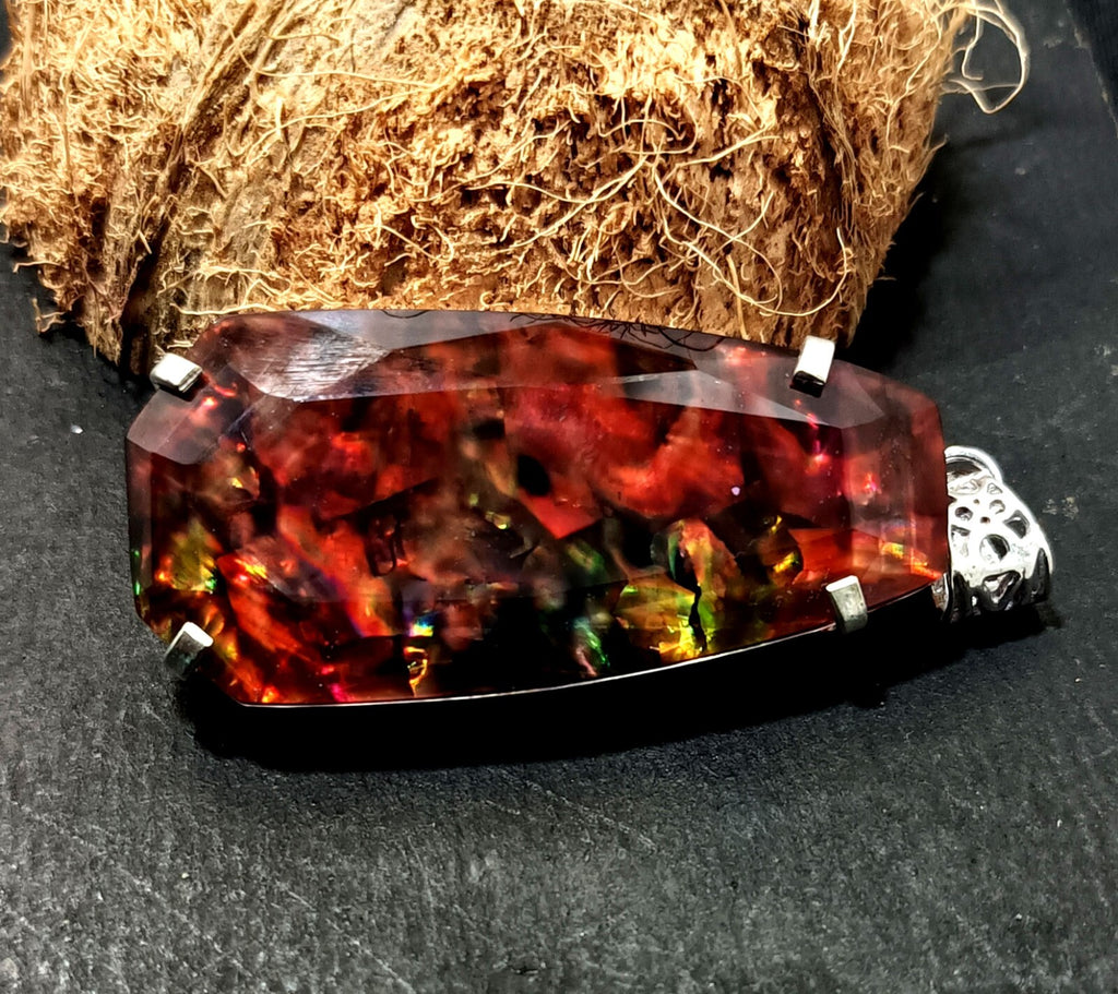 Certified 95.15 Ct Natural Ammolite 925 Solid Silver Rainbow Pendant Gemstone