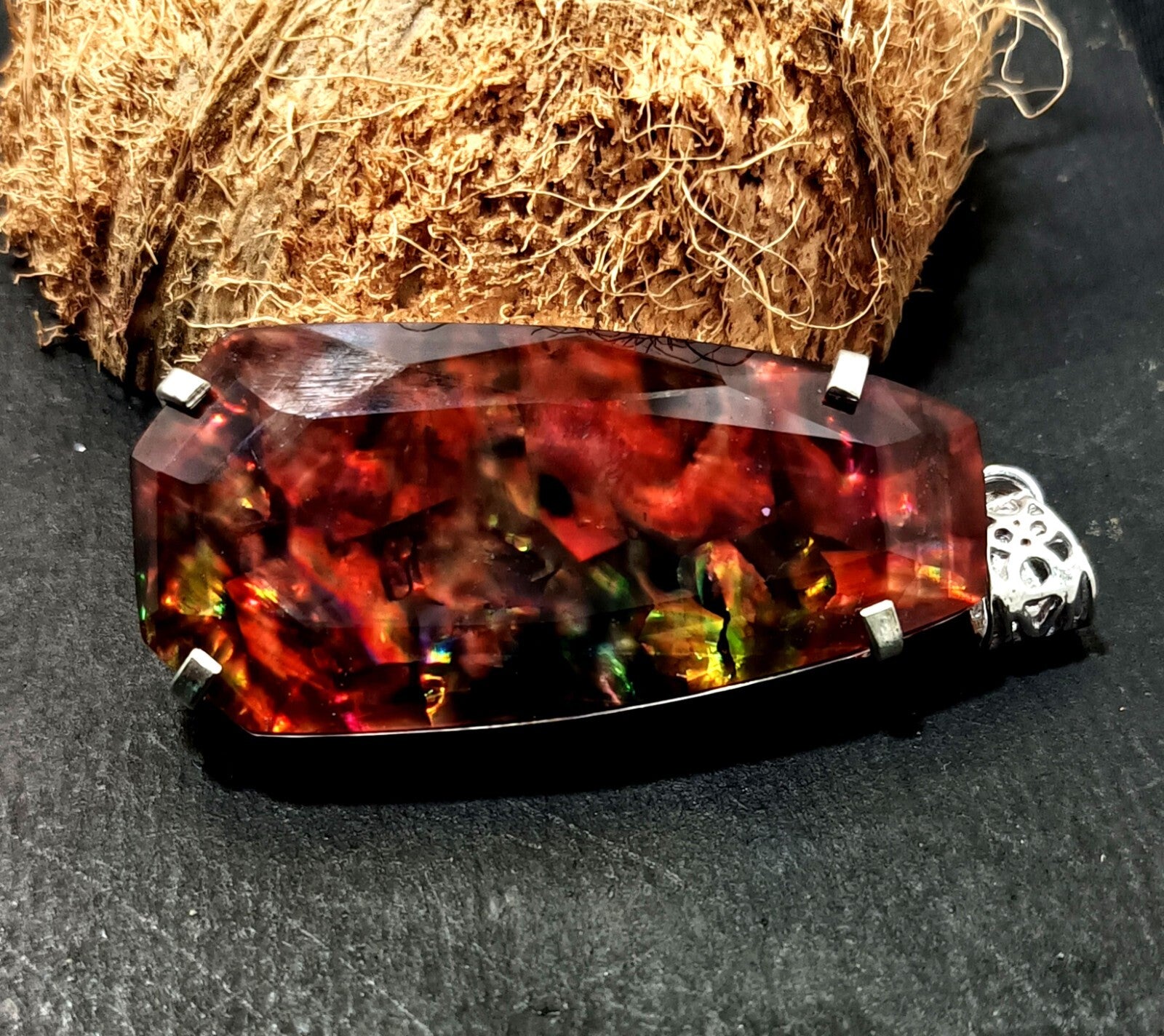 Certified 95.15 Ct Natural Ammolite 925 Solid Silver Rainbow Pendant Gemstone