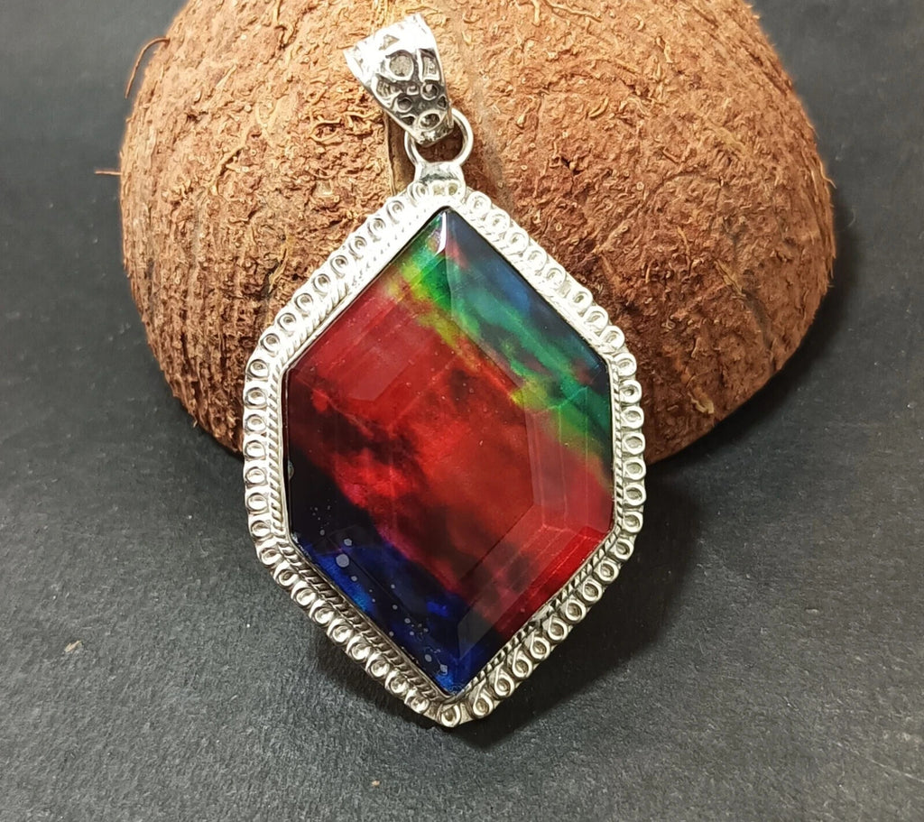 Certified 87.85 Ct Natural Ammolite 925 Solid Silver Fancy Cut Pendant Gemstone