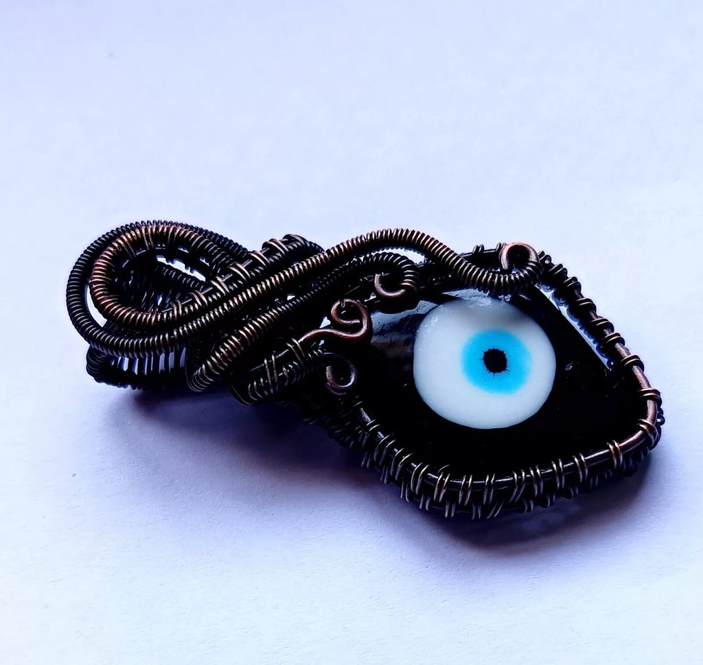 122.5 CT Black Color Evil Eye Gemstone Wire Wrapped Sister Pendant Copper 3.23'